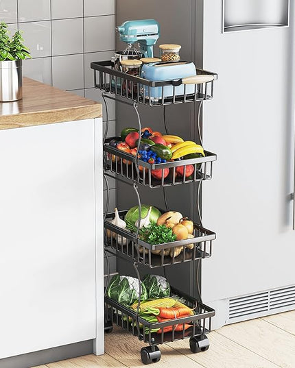 Wisdom Star 4 Tier Fruit Vegetable Basket for Kitchen, Storage Cart, Vegetable Basket Bins, Wire Storage Organizer Utility Cart with Wheels, Medium, Black - LeafyLoom