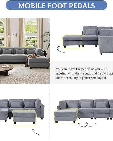 99.6" 5 Pieces L-Shaped Modular Sectional Sofa with Removable Ottomans and Waist Pillows, Modern Corduroy Fabric Upholstered Couch for Living Room, Apartment, Studio, Grey, 99.6 Inch - LeafyLoom