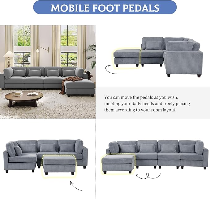 99.6" 5 Pieces L-Shaped Modular Sectional Sofa with Removable Ottomans and Waist Pillows, Modern Corduroy Fabric Upholstered Couch for Living Room, Apartment, Studio, Grey, 99.6 Inch - LeafyLoom