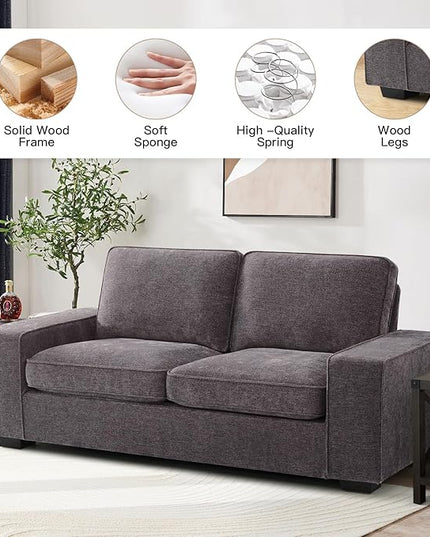 EASELAND 71" Loveseat, Small Chenille Loveseat for Small Spaces, 2-Seater Modern Deep Seat Couch with Removable Back and Cushions, Lounge Sofa for Bedroom with Wood Legs and Fluffy Armrest(Dark Grey) - LeafyLoom