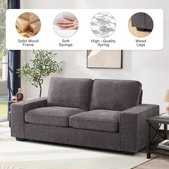 EASELAND 71" Loveseat, Small Chenille Loveseat for Small Spaces, 2-Seater Modern Deep Seat Couch with Removable Back and Cushions, Lounge Sofa for Bedroom with Wood Legs and Fluffy Armrest(Dark Grey) - LeafyLoom
