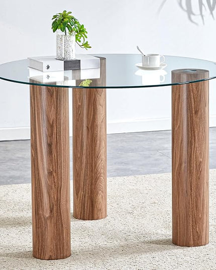 cosure 40" Glass Transparent Tempered Top,Round Dining-Table for 4 W/Wooden Legs Base,for Kitchen Living Room Gathering,in Walnut/Clear Finish - LeafyLoom