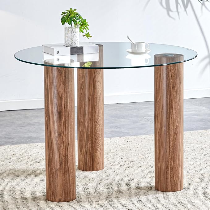 cosure 40" Glass Transparent Tempered Top,Round Dining-Table for 4 W/Wooden Legs Base,for Kitchen Living Room Gathering,in Walnut/Clear Finish - LeafyLoom