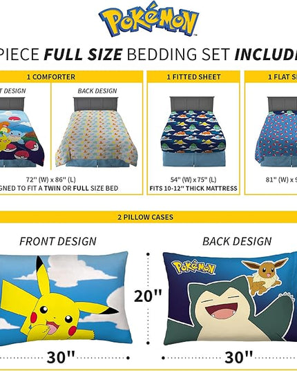 Franco Kids Bedding Super Soft Comforter and Sheet Set, 5 Piece Full Size, Pokemon - LeafyLoom