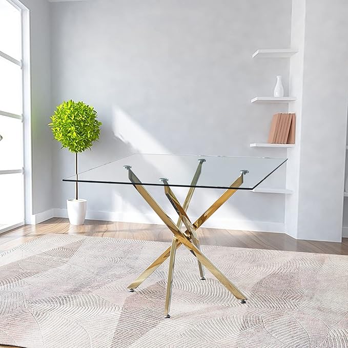 NicBex Rectangular Glass Dining Table Contemporary Square Clear Dining Tempered Glass Table with Gold Finish Stainless Steel Legs for Kitchen Dining Living Meeting Room Banquet Hall, Gold - LeafyLoom