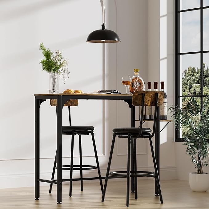 NicBex Small Dining Table for 2 Breakfast Nook Table Set Wood Top Metal Base Side Table Industrial Bar Table with Two Chairs, Adjustable Table Base Bistro Whiskey Pub Table, Antique Brown - LeafyLoom