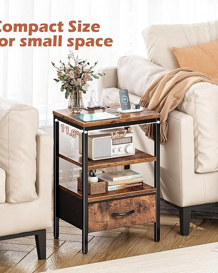 SUPERJARE Nightstand Set of 2, Bed Side Tables with Charging Station, Adjustable Fabric Drawer, Night Stand for Bedroom, 3-Tier Storage End Tables, for Living Room, Rustic Brown - LeafyLoom