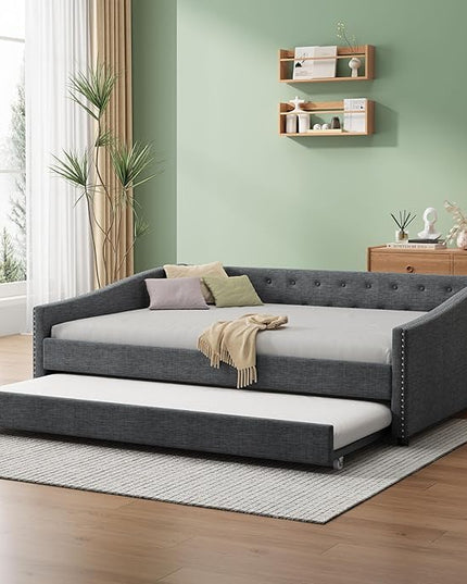 Full Size Upholstered Daybed with Twin Size Trundle,Wood Sofa Bed Frame W/Button Tufted Back and Nailhead Decorated Waved Shape Arms,Slat Support,for Bedroom,Living Room,Apartment,Dark Gray - LeafyLoom