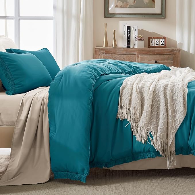 Andency Turquoise Comforter Twin Size, 2 Pieces Boho Teal Tassel Lightweight Bedding Comforter Sets for Twin Bed, Teal Blue All Season Soft Fluffy Fringe Bed Set (66x90In Comforter & 1 Pillowcase) - LeafyLoom