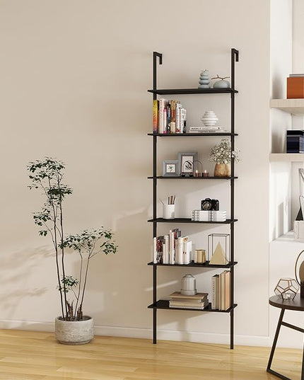 Panana 6 Tier Tall Modern Bookshelf, Industrial Ladder Shelf Open Space Wall Mount Bookshelf with Metal Frame Sturdy Bookcase for Living Room (Black, 6-Tier) - LeafyLoom