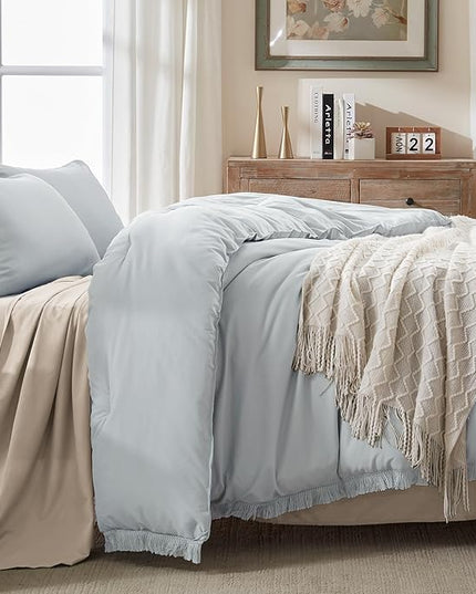 Andency Light Grey Comforter Set Queen, 3 Pieces Boho Tassel Lightweight Bedding Comforter Sets, All Season Soft Fluffy Fringe Bed Set (90x90In Comforter & 2 Pillowcases) - LeafyLoom