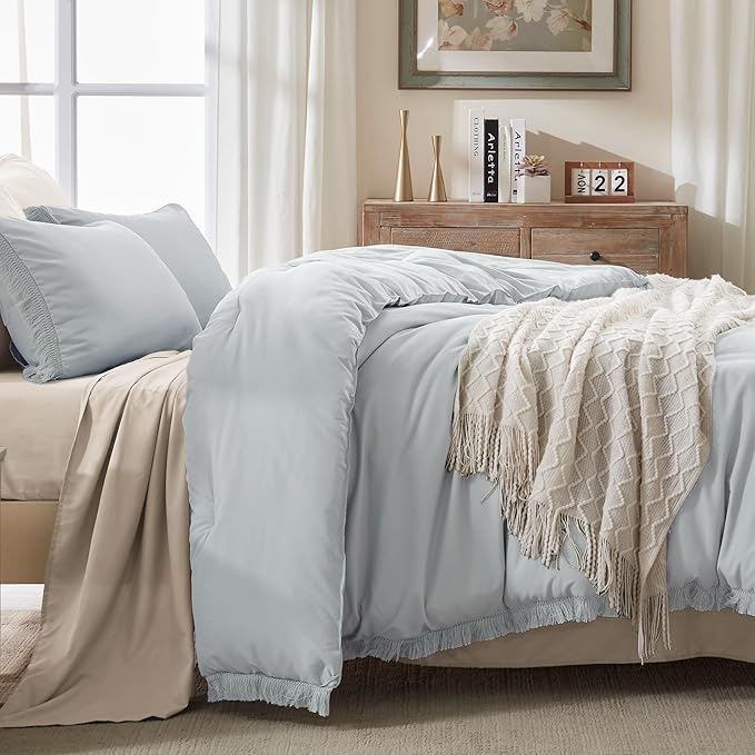Andency Light Grey Comforter Set Queen, 3 Pieces Boho Tassel Lightweight Bedding Comforter Sets, All Season Soft Fluffy Fringe Bed Set (90x90In Comforter & 2 Pillowcases) - LeafyLoom