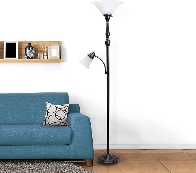 Elegant Designs LF2003-RBZ 2 Light Mother Daughter Floor Lamp with White Marble Glass,Restoration Bronze - LeafyLoom