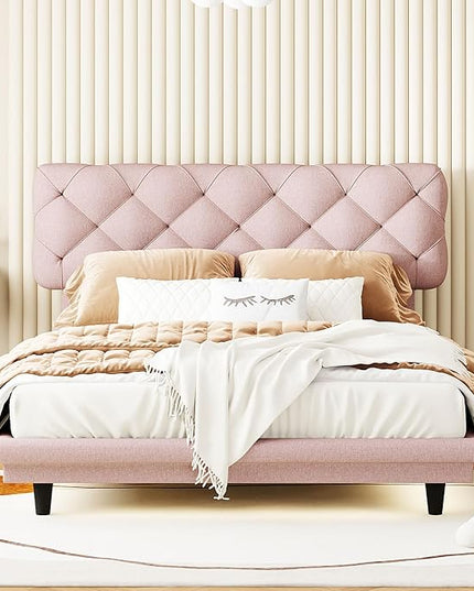 Full Size Linen Upholstered Bed with Light Stripe,Floating Platform Beds,w/Headboard and Wooden Slats Support,for Apartment,Bedroom,Living Room,Easy Assembly,Pink - LeafyLoom