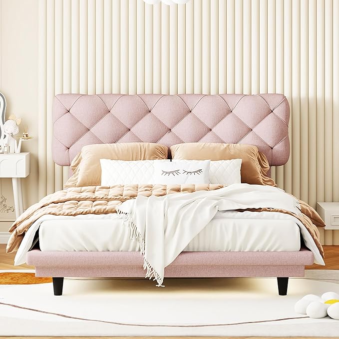 Full Size Linen Upholstered Bed with Light Stripe,Floating Platform Beds,w/Headboard and Wooden Slats Support,for Apartment,Bedroom,Living Room,Easy Assembly,Pink - LeafyLoom