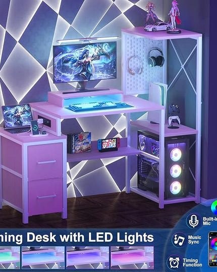 Small Gaming Desk with 2 Fabric Drawers - Reversible Computer Desk with Power Outlet & LED Lights, 49" Office Desk with Monitor Stand & Storage Shelves, Writing Study Table with Pegboard, Pink - LeafyLoom