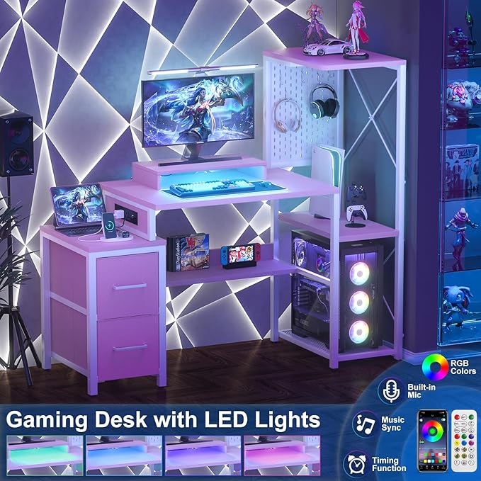 Small Gaming Desk with 2 Fabric Drawers - Reversible Computer Desk with Power Outlet & LED Lights, 49" Office Desk with Monitor Stand & Storage Shelves, Writing Study Table with Pegboard, Pink - LeafyLoom