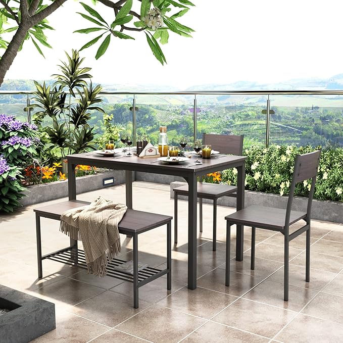 DlandHome 4 Person Dining Table Set, Dining Table with 2 Chairs and 1 Bench,Rectangular Space-Saving Dinner Table with Two Benches for Kitchen,Rustic Oak - LeafyLoom