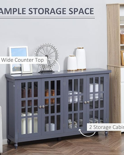 HOMCOM Sideboard, Buffet Cabinet with 4 Tempered Glass Doors, Stripe Pattern and Adjustable Storage Shelf, Credenza, Gray - LeafyLoom