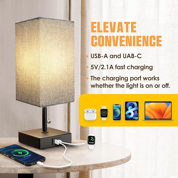 Table Lamp for Bedroom with USB A Port and C Port, Grey Bedside Lamp Night Stand Light Lamp with Square Fabric Shade, Small Lamp for Boys, with LED Bulb - LeafyLoom