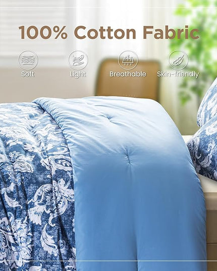 Sophia & William Queen Size Comforter Set for All Season, 3 Pcs Bedding Set with Antique Blue Printed Comforter with & 2 Pillowcases - LeafyLoom