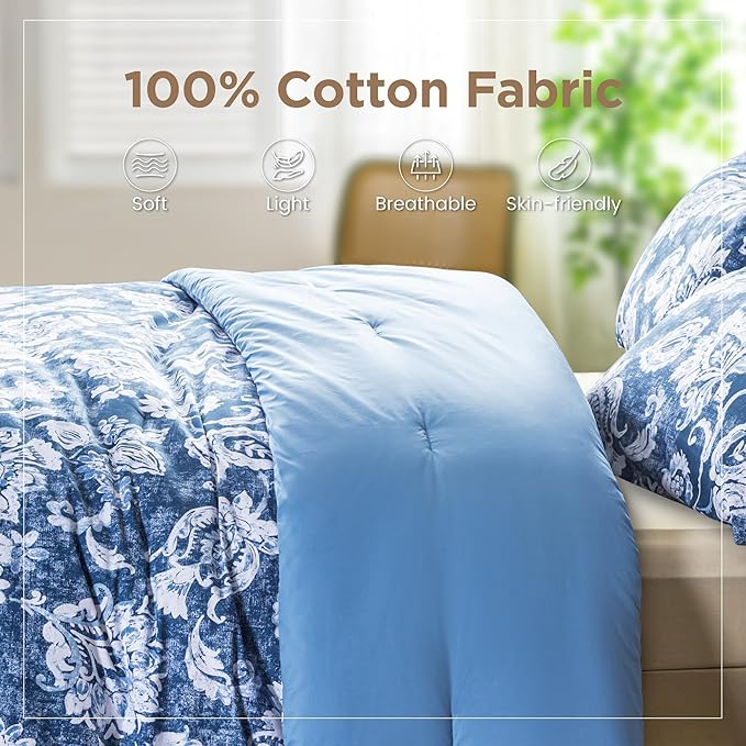 Sophia & William Queen Size Comforter Set for All Season, 3 Pcs Bedding Set with Antique Blue Printed Comforter with & 2 Pillowcases - LeafyLoom