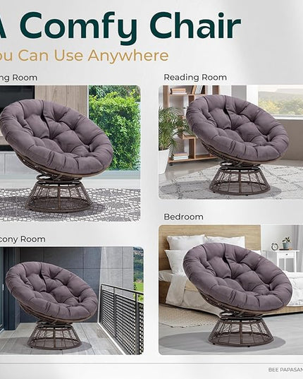 Bme 40" Ergonomic Wicker Papasan Chair with Soft Thick Density Fabric Cushion, Bee-Designed Base, High Capacity Steel Frame, 360 Degree Swivel for Living, Bedroom, Reading Room,... - LeafyLoom