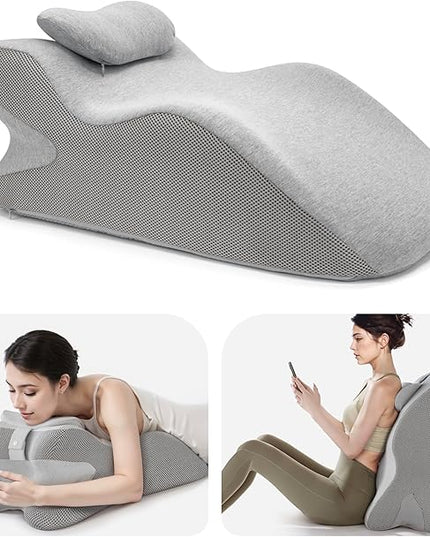 Reading Pillow for Bed Adult, Back Pillow for Bed Sitting Up, Back Support Pillow for Bed with Adjustable Headrest，Memory Foam Pillows for Abdomen, Lumbar, Back, Gray, 14.6 * 10 * 24IN - LeafyLoom