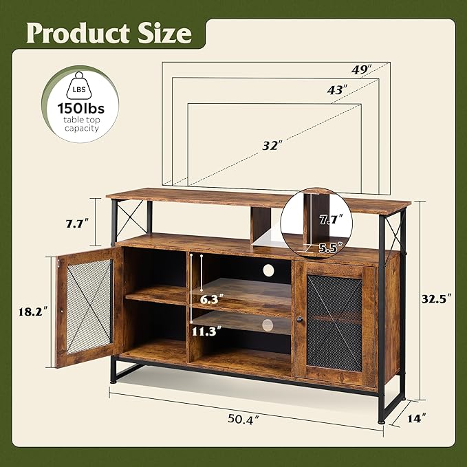 WLIVE TV Stand 55 inch TV,Tall Entertainment Center with Storage, Farmhouse Industrial TV Console for Bedroom Living Room, Rustic Brown - LeafyLoom