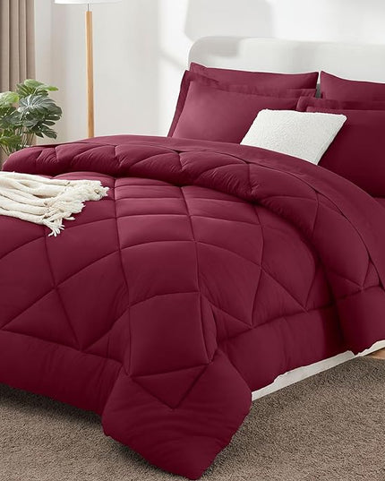 CozyLux Queen Comforter Set with Sheets 7 Pieces Bed in a Bag Burgundy All Season Bedding Sets with Comforter, Pillow Shams, Flat Sheet, Fitted Sheet and Pillowcases, Red, Queen - LeafyLoom