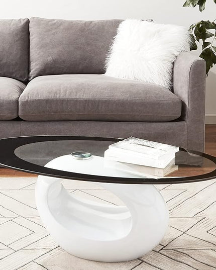 Fab Glass and Mirror CTW-FAB3000 High Gloss Coffee Oval Tempered Glass Top End Side Table, White - LeafyLoom