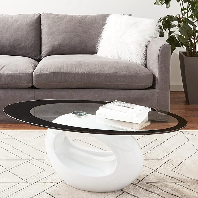 Fab Glass and Mirror CTW-FAB3000 High Gloss Coffee Oval Tempered Glass Top End Side Table, White - LeafyLoom