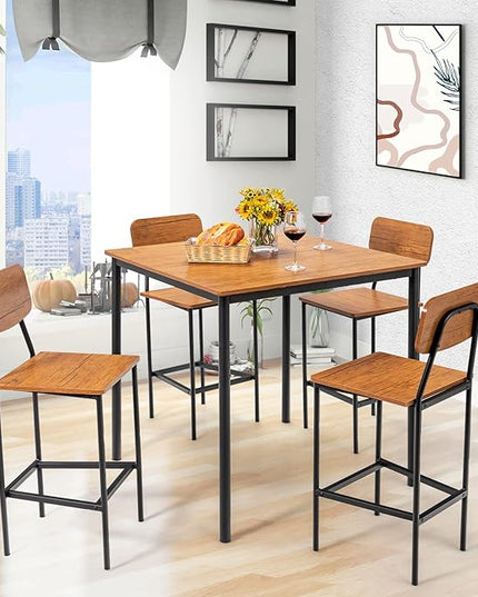 GOFLAME 5-Piece Dining Table Set for Small Space, Kitchen Table and Chairs Set for 4 with Steel Frame, Square Breakfast Table Set, Industrial Counter Height Table Set for Home, Restaurant & Cafe, Teak - LeafyLoom