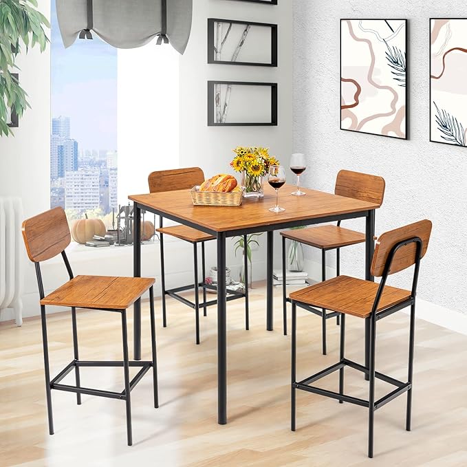 GOFLAME 5-Piece Dining Table Set for Small Space, Kitchen Table and Chairs Set for 4 with Steel Frame, Square Breakfast Table Set, Industrial Counter Height Table Set for Home, Restaurant & Cafe, Teak - LeafyLoom