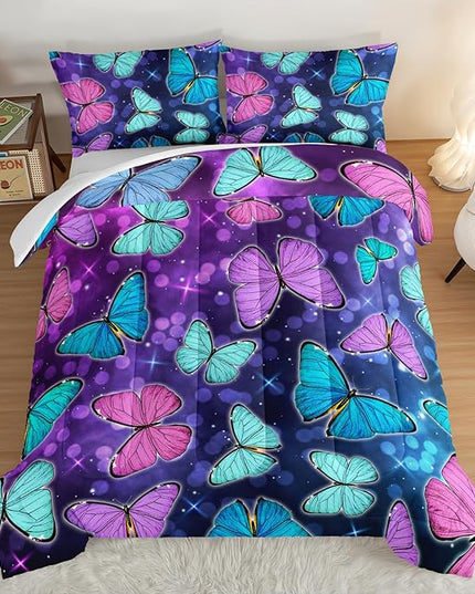 HOSIMA Butterfly Comforter Set with 2 Pillowcases,Glitter Purple Blue Butterfly Printed Bedding Set Full Size Bed in a Bag Set,Starry Sky Galaxy Comforter Butterfly Room Decor Aesthetics. - LeafyLoom