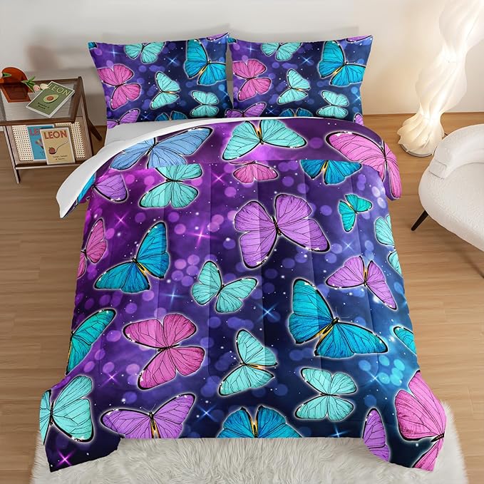 HOSIMA Butterfly Comforter Set with 2 Pillowcases,Glitter Purple Blue Butterfly Printed Bedding Queen Comforter Set for Adults Kids,Starry Sky Galaxy Comforter Butterfly Room Decor Aesthetics. - LeafyLoom