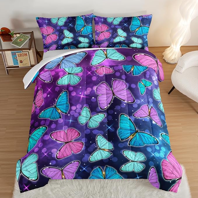 HOSIMA Butterfly Comforter Set with 2 Pillowcases,Glitter Purple Blue Butterfly Printed Bedding King Size Comforter Set for Adults Kids,Starry Sky Galaxy Comforter Butterfly Room Decor Aesthetics. - LeafyLoom