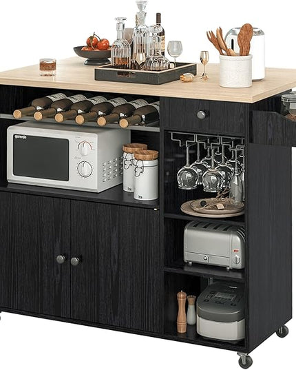 IRONCK Rolling Kitchen Island Cart with Drop-Leaf and Wine Rack, Microwave Rack Serving Cart on Wheels with Drawer & Shelves & Spice Rack & Cup Hanging, Black - LeafyLoom