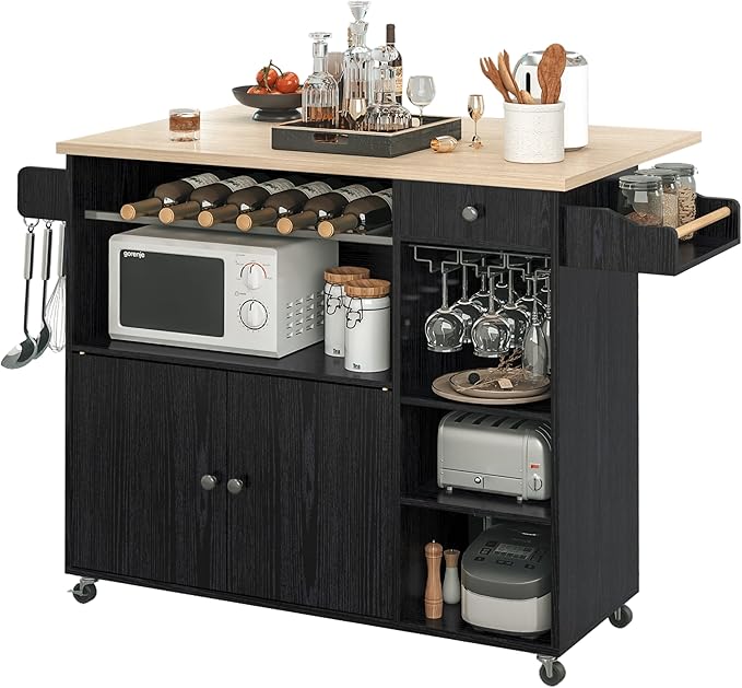 IRONCK Rolling Kitchen Island Cart with Drop-Leaf and Wine Rack, Microwave Rack Serving Cart on Wheels with Drawer & Shelves & Spice Rack & Cup Hanging, Black - LeafyLoom