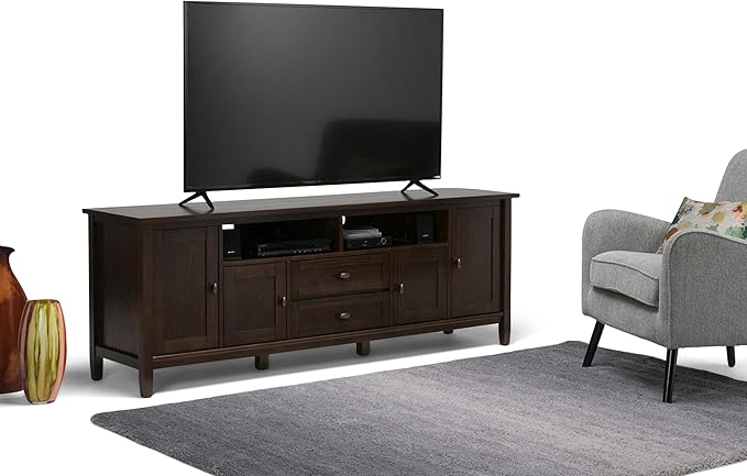SIMPLIHOME Warm Shaker SOLID WOOD Universal TV Media Stand, 72 Inch Wide, Farmhouse Rustic, Living Room Entertainment Center, for Flat Screen TVs up to 80 Inch in Tobacco Brown - LeafyLoom
