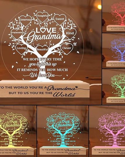 Grandma Gifts from Grandchildren, Grandma Acrylic Night Light Gift from Grandkids Grandson Granddaughter on Birthday Mothers Day Thanksgiving Christmas Bedroom Table Décor, 3D Illusion Lamp - LeafyLoom