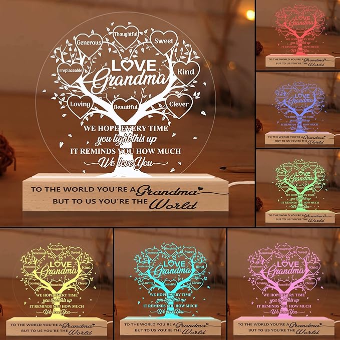 Grandma Gifts from Grandchildren, Grandma Acrylic Night Light Gift from Grandkids Grandson Granddaughter on Birthday Mothers Day Thanksgiving Christmas Bedroom Table Décor, 3D Illusion Lamp - LeafyLoom