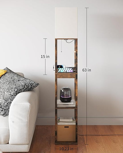SUNMORY Floor Lamp with Shelves, Modern Dimmable Standing Lamp with Drawer & 2 USB Ports & 2 Power Outlet, Corner Tall Shelf Lamp for Living Room and Bedroom (Rustic Browm) - LeafyLoom