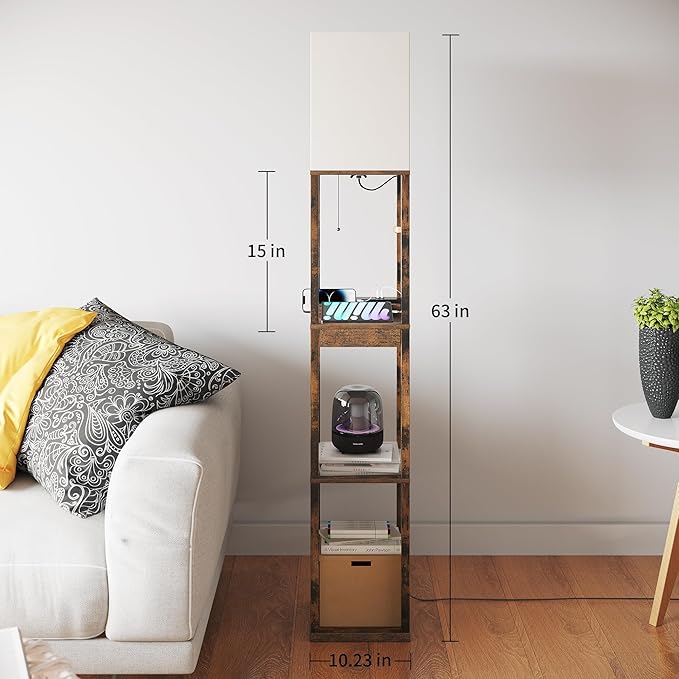SUNMORY Floor Lamp with Shelves, Modern Dimmable Standing Lamp with Drawer & 2 USB Ports & 2 Power Outlet, Corner Tall Shelf Lamp for Living Room and Bedroom (Rustic Browm) - LeafyLoom