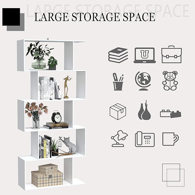 Yusong Bookshelf 5-Tier, Geometric Bookcase S Shaped Book Shelves for Bedroom, Modern Wood Decorative Display Shelf Book Case for Home Office, White - LeafyLoom