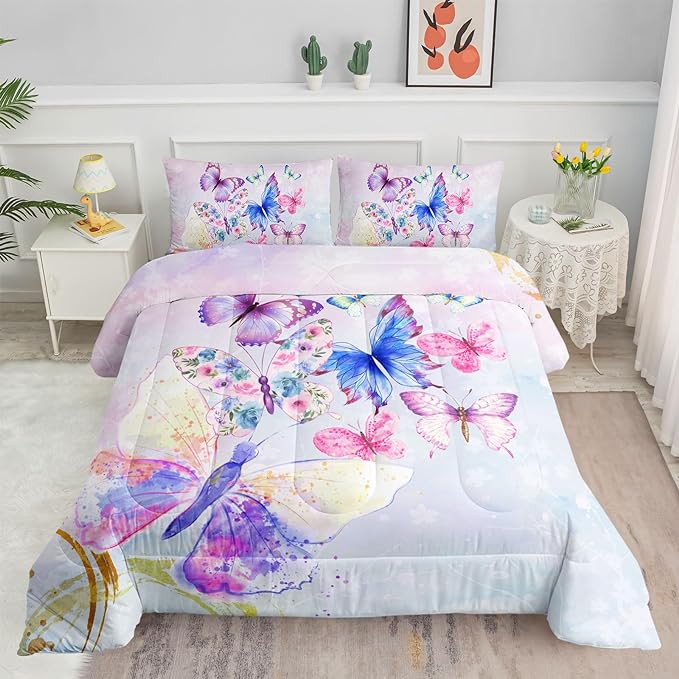 Datura home Watercolor Butterfly Comforter Bedding Set for Girls Kids Teens,Lightweight Colorful Floral Butterfly Printed Tie-dye with 2 Pillowcases(Watercolor Butterfly Twin),Butterfly Purple - LeafyLoom