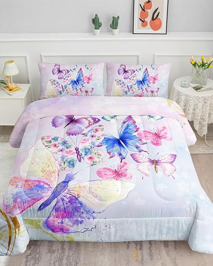 Datura home Watercolor Butterfly Comforter Bedding Set for Girls Kids Teens,Lightweight Colorful Floral Butterfly Printed Tie-dye with 2 Pillowcases(Watercolor Butterfly Queen),Butterfly Purple - LeafyLoom