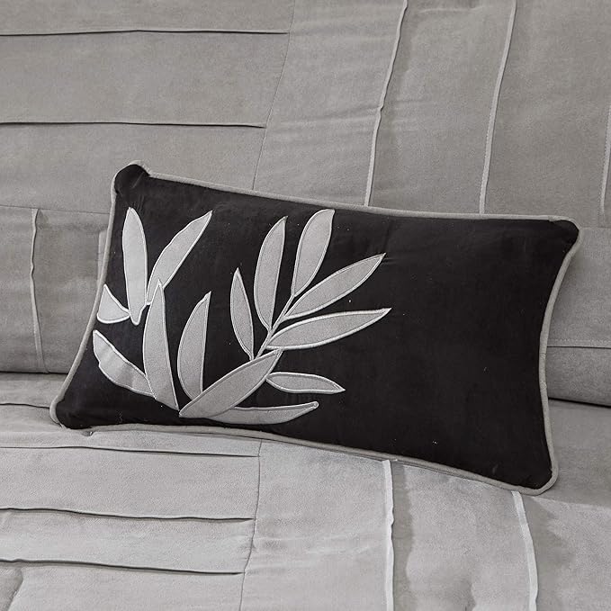Madison Park Cozy Comforter Set Casual Blocks Design All Season, Matching Bed Skirt, Decorative Pillows, Full(82"x90"), Dune Suede, Black Grey, 7 Piece - LeafyLoom