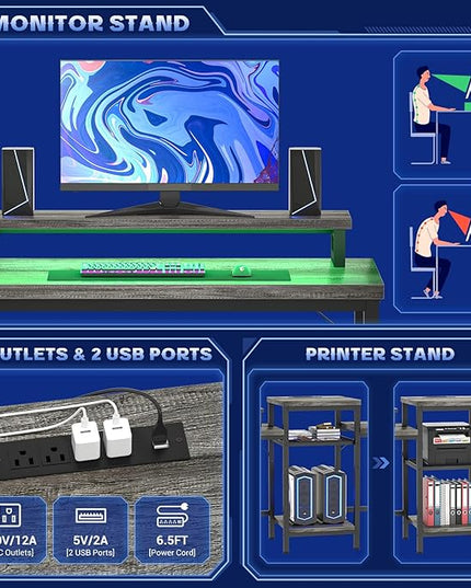 Unikito Two Person Desk with LED Light and Power Outlet, Double Computer Desks with Monitor Stand and Printer Stand, Double Gaming Computer Desk, Long Gaming Desk, Home Office Work Desk, Black Oak - LeafyLoom