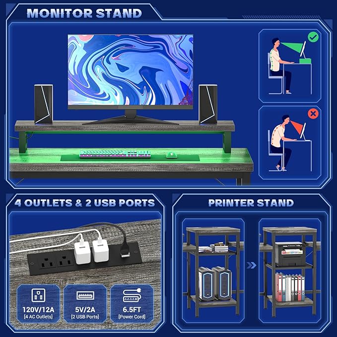 Unikito Two Person Desk with LED Light and Power Outlet, Double Computer Desks with Monitor Stand and Printer Stand, Double Gaming Computer Desk, Long Gaming Desk, Home Office Work Desk, Black Oak - LeafyLoom